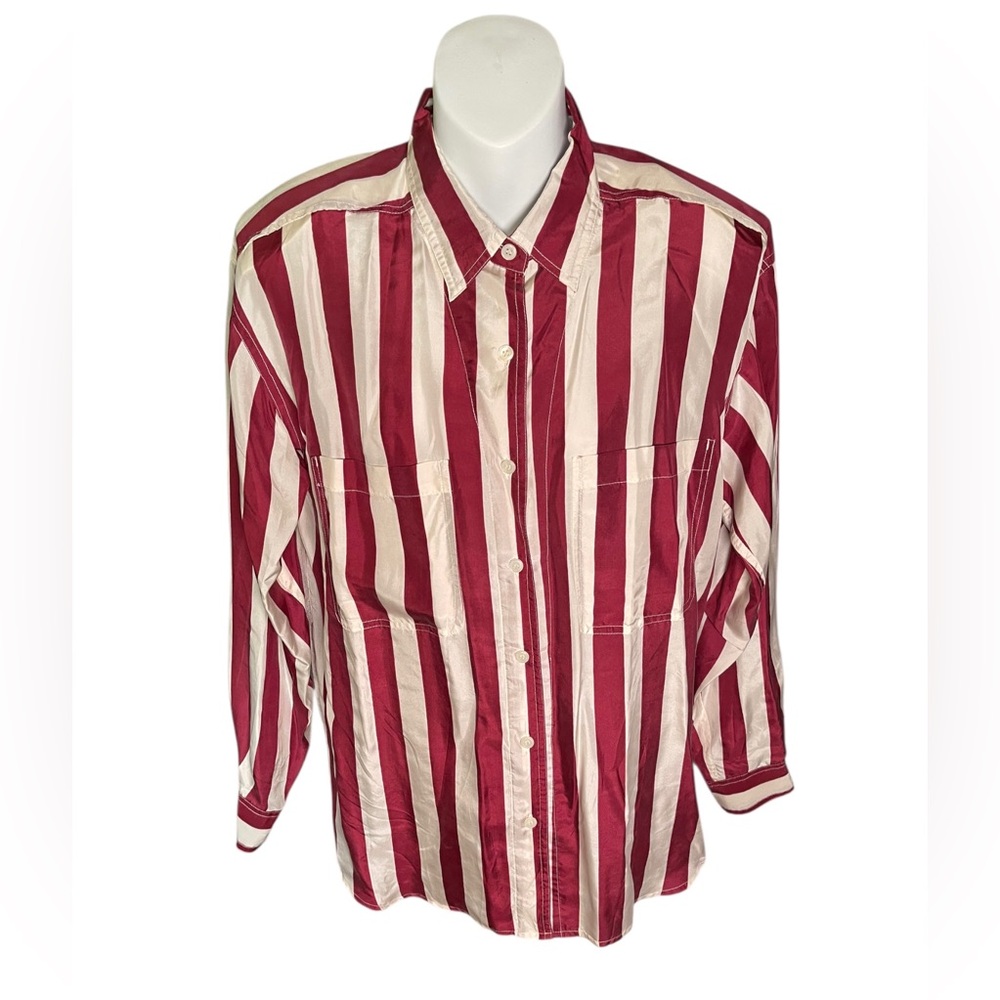 Bill Blass 100% Silk Vintage Red Striped Button Down Shirt Size Petite Small